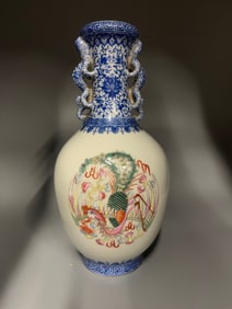 Antique Qianlong Marked Blue & White Famille Rose Porcelain Figure Beauty Bottle Vase with Mythical
