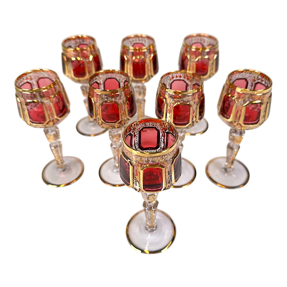 Set of 8 Moser Ruby Cut to Clear Gilt Cordials (1 of 3)