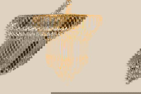 Small Vienna Flush Mount Gild and Cut Glass Gild Chandelier: A Vienna-style chandelier featuring a gold mounting and a waterfall of large triangle-shaped cut glass. The chandelier features six light bulbs on the top and four on the lower level.&nbsp; Measuring: