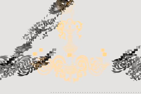 Vintage Six Arms French Style Chandelier: A vintage electrified brass chandelier with six arms, each decorated with scrolling elements. The top features the same decor as the arms, with one missing arm.&nbsp; Measuring: H 25 x W 23 x D 23 Inc