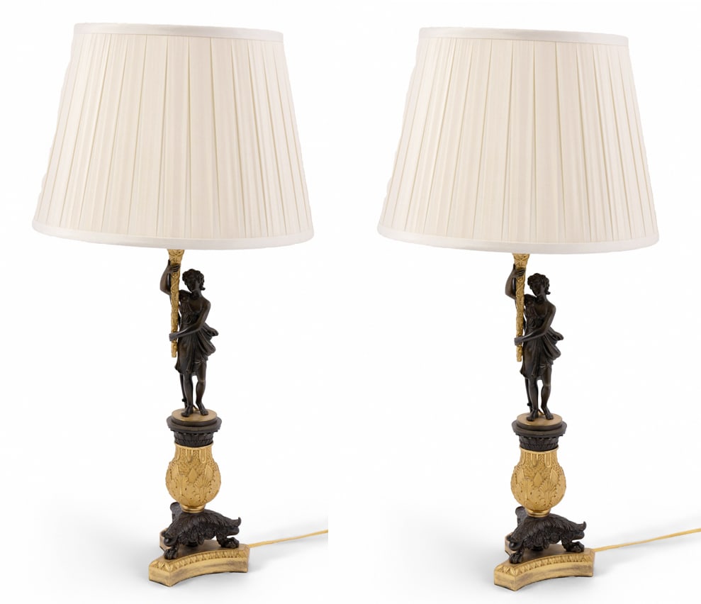 Pair of Electrified French Ormolu and Patinated Bronze Lamps (1 of 9)