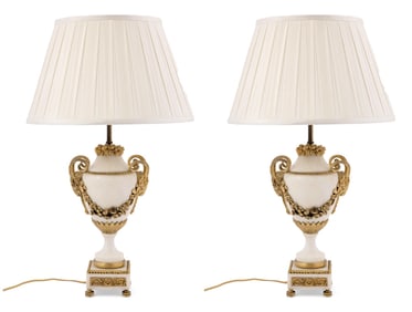 Pair of Louis XVI Style Marble Ormolu Electrified Lamps