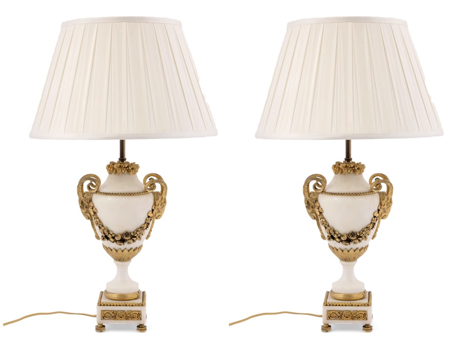 Pair of Louis XVI Style Marble Ormolu Electrified Lamps (1 of 7)