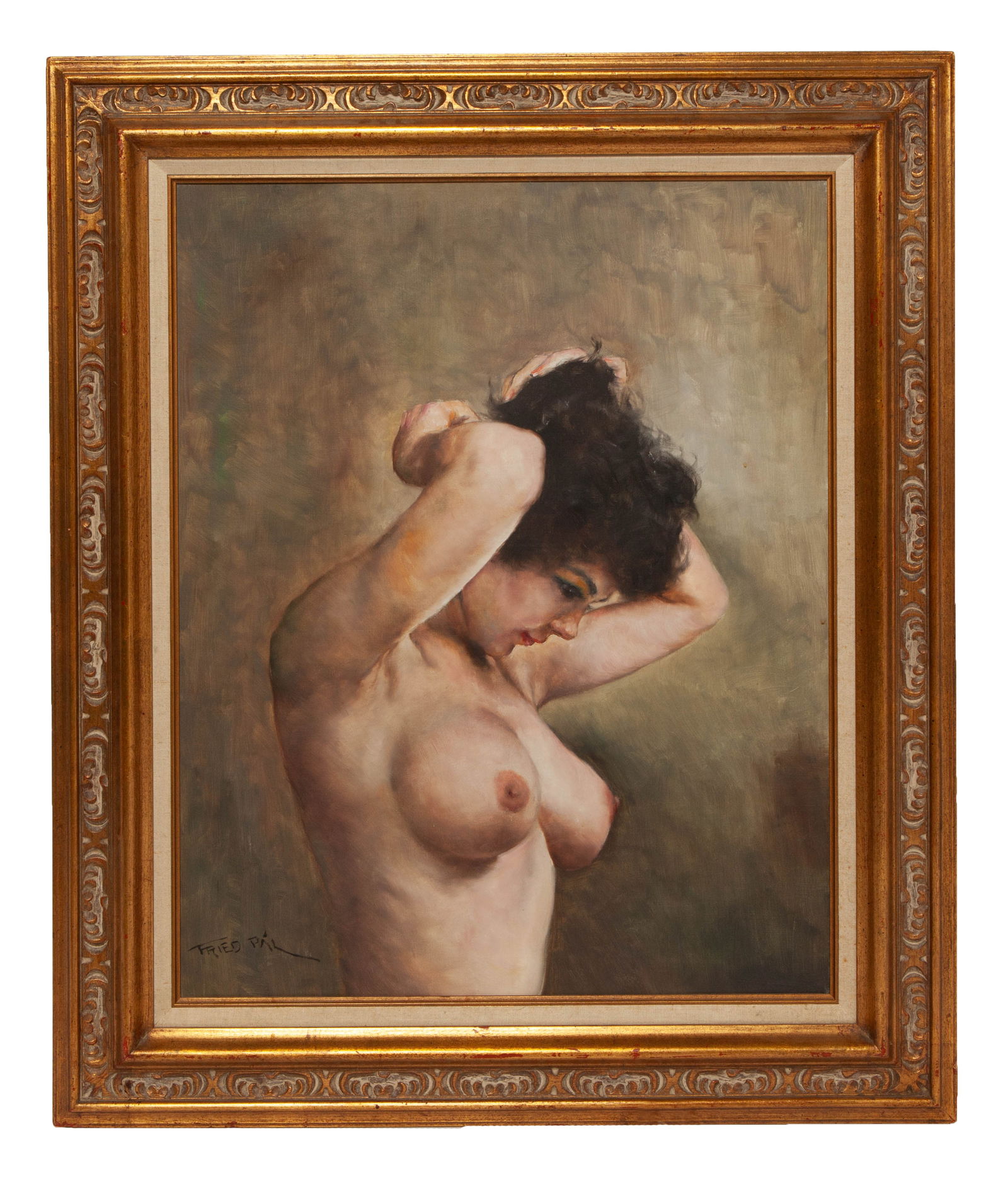 Pal Fried, Sanja, Nude Portrait, Oil on Canvas: Fried Pal (Hungary/New York, 1893 - 1976) Sanja, nude Portrait of a woman Oil on canvas. Measuring H 30 X W 24 X D 1 inches Signed Fried Pal on bottom left, title handwritten on verso. On a gilt woode