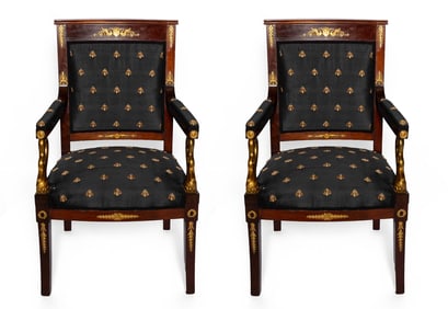 Pair of Vintage French Empire Style Ormolu Upholstered Arm Chairs
