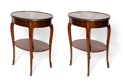 Pair of Vintage French Oval Louis XV Style Marble Top Tables & Gueridon