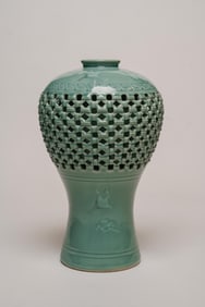 20th Century Korean Crackle Celadon Reticulated Porcelain Crane Vase