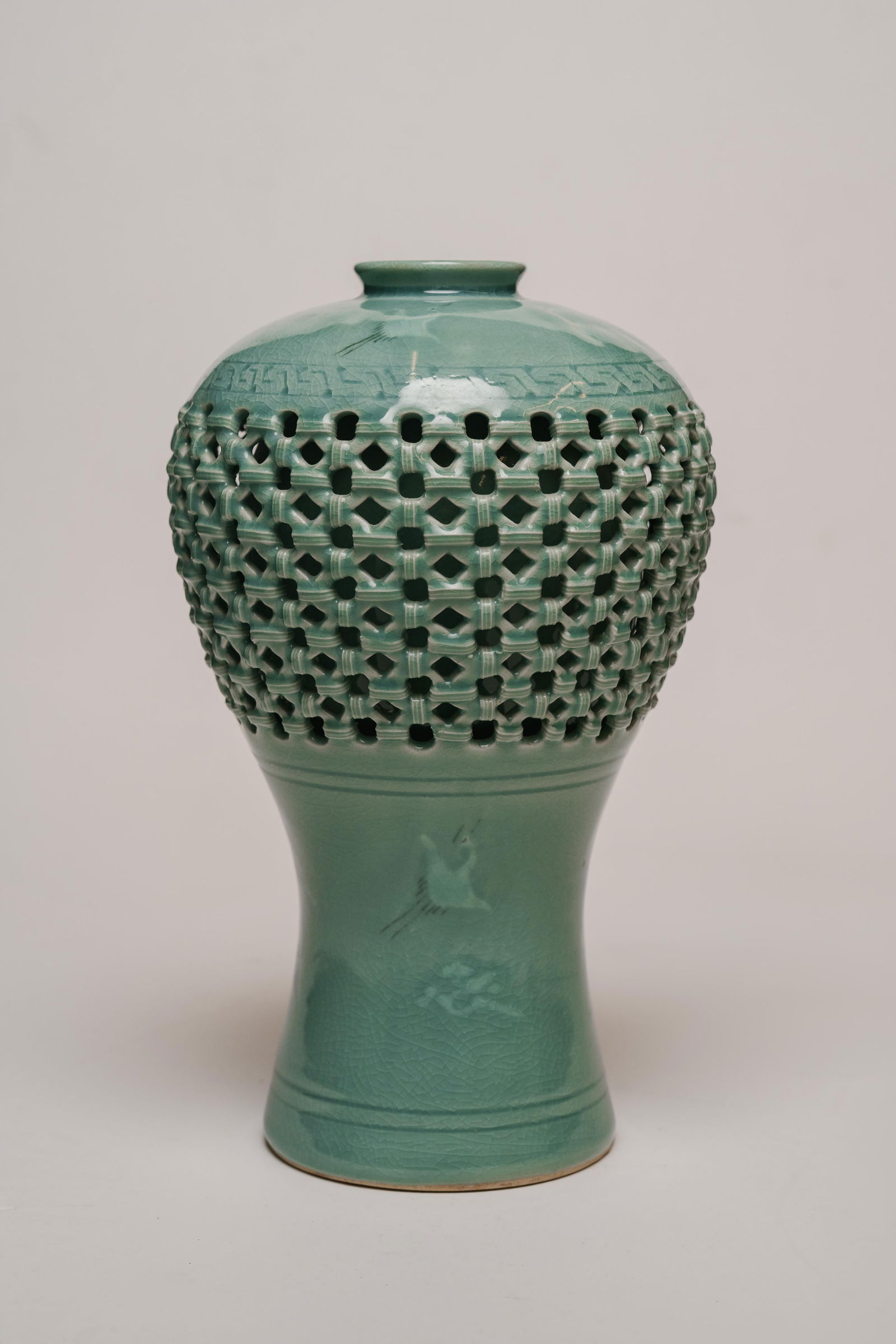 20th Century Korean Crackle Celadon Reticulated Porcelain Crane Vase (1 of 3)