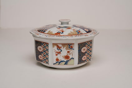 Imari Style Porcelain Hexagonal Covered Serving Bowl