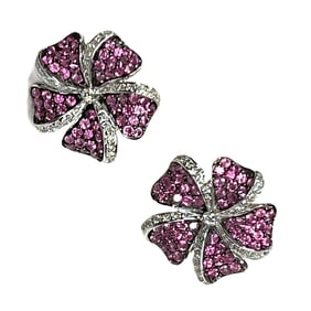 Ladies 14K White Gold Pink Sapphire and Diamond Floral Earrings