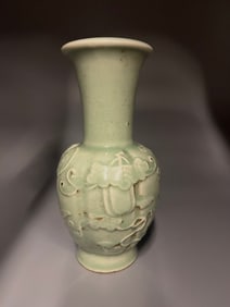 19th Century Chinese Longquan Celadon Vase in the Style of a Pumpkin with Pumpkin Accents