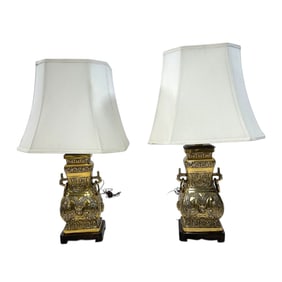 Pair of James Mont Style Brass Table Lamps with Asian Motif