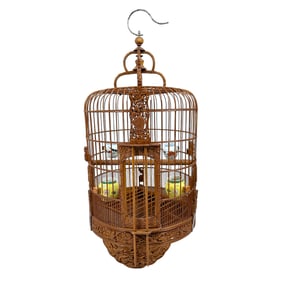 Vintage Chinese Birdcage with Hand Painted Chinoiserie Vessels