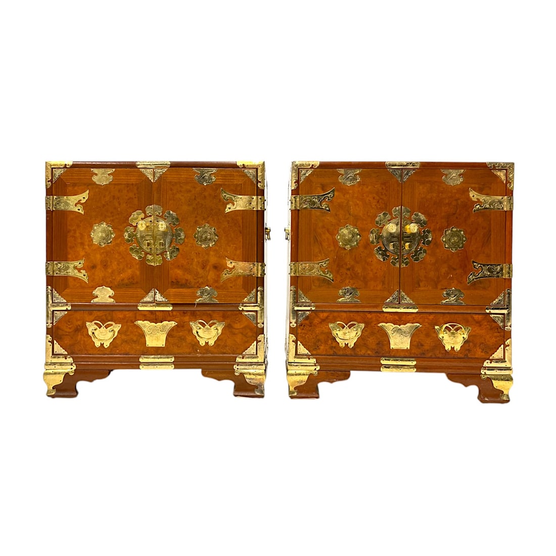 Pair of Asian Tansu Style Teak Burl Wood Nightstands (1 of 8)