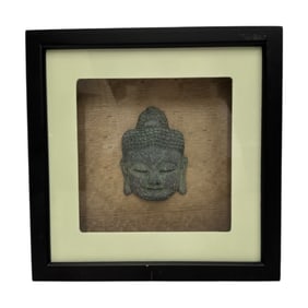 Framed Stone Buddha Head on Silk Fabric