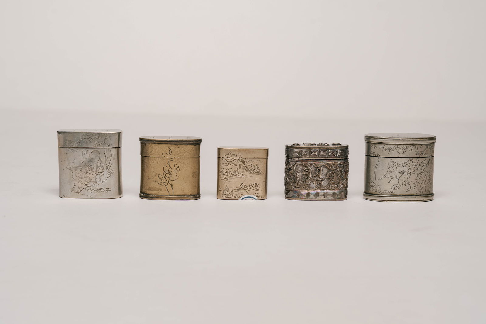 Collection of Five Chinese Silver Opium Paktong Boxes (1 of 16)