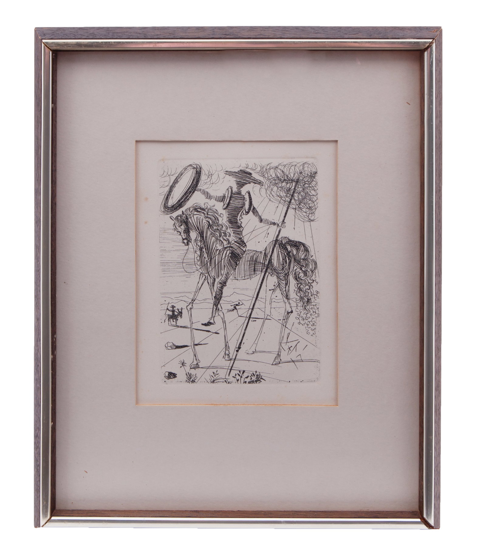 Salvador Dali, Don Quixote, Print on Paper: Salvador Dali (Spain 1904-1989) Don Quixote Print on paper measuring H 8 x W 6 inches Unsigned, but Certificate of Authenticity on the back center Wooden frame measuring H 15 x W 12 