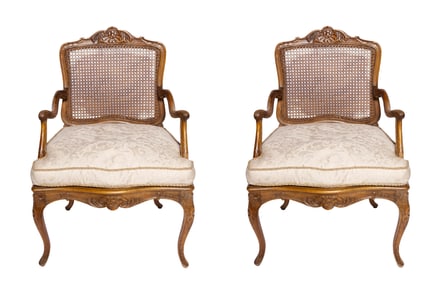 Pair of Antique French Country Style Caned Rattan Chairs