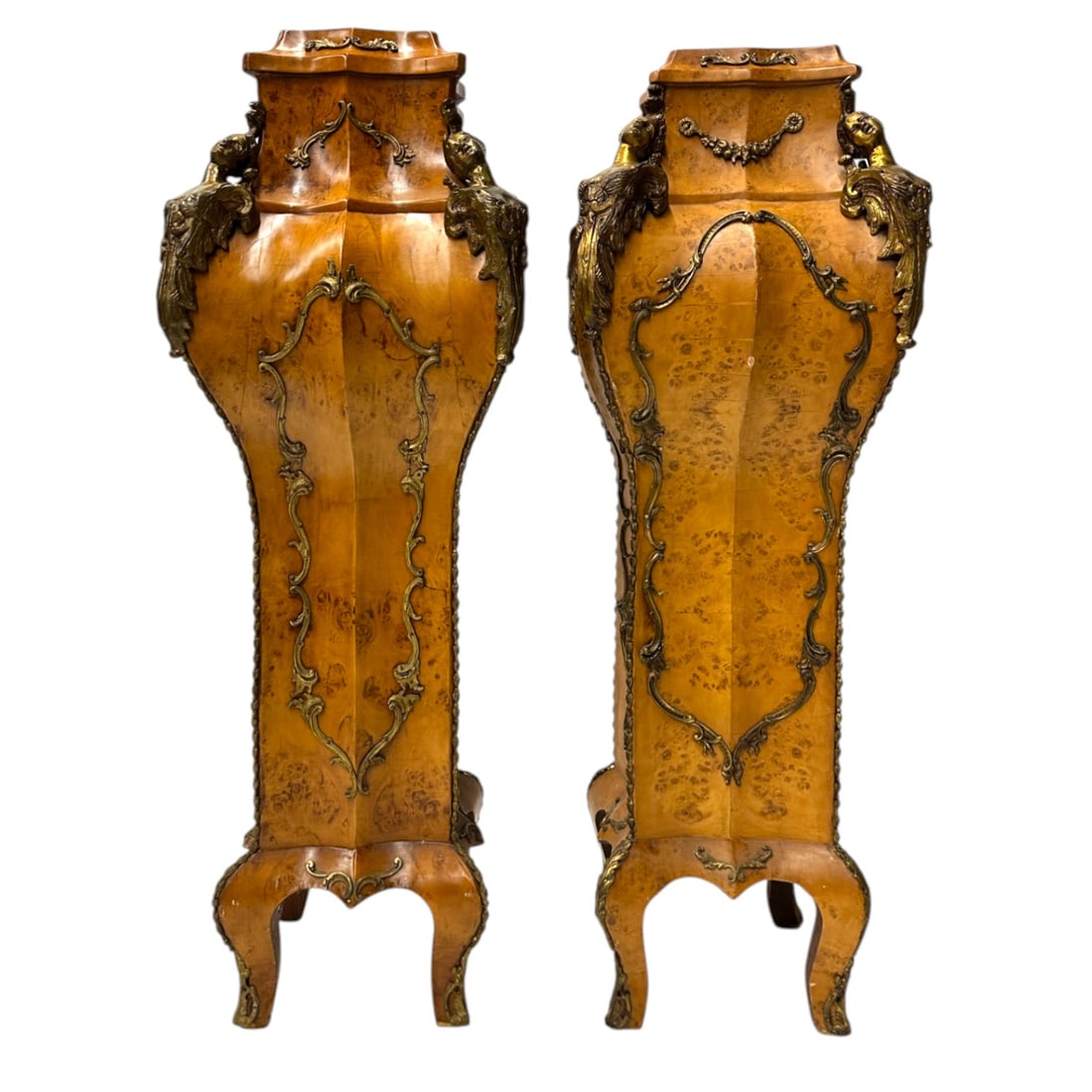 Pair of Antique Louis XV Style Marble Top Gilt Marquetry Pedestals: Pair of Antique Louis XV Style Marble Top Gilt Marquetry Pedestals. These pedestals come with marble tops and are decorated with gilt marquetry around all sides. Female figures adorn all corners, and
