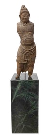 Wooden Sculpture of a Buddhist Guardian King with Marble Base