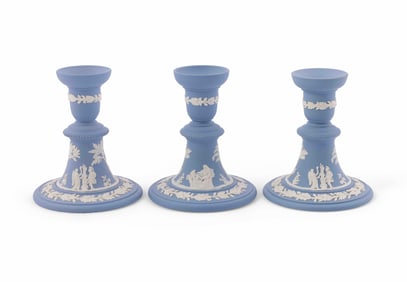 Three Wedgwood Jasperware Pale Blue Candle Holders