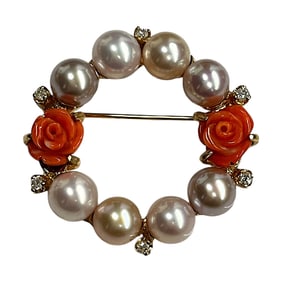 Ladies Vintage 14K Yellow Gold Pink Pearl Diamond and Coral Brooch