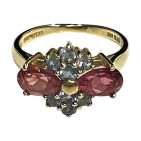 Ladies 14K Yellow Gold Pink Tourmalime and Tsavorite Ring