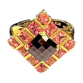 Ladies Vintage 10K Yellow Gold Garnet and Pink Tourmaline Statement Ring