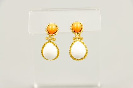 Ladies Pair of 14K Yellow Gold White and Orange Coral Earrings