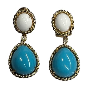 Ladies Pair of 14K Yellow Gold White and Blue Coral Earrings