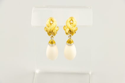 Pair of 14K Yellow Gold Diamond and White Coral Earrings