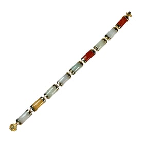 Ladies 14K Yellow Gold Asian Multi Jade Link Bracelet