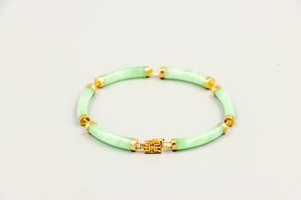 Ladies 14K Yellow Gold Chinese Icy Translucent Jade Bracelet