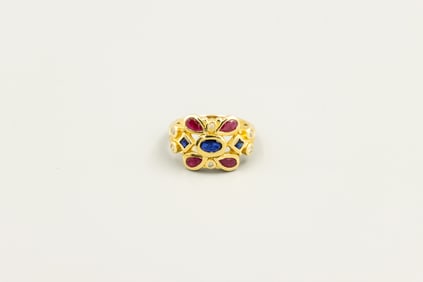 Ladies 14K Yellow Gold Ruby Sapphires and Diamonds Ring