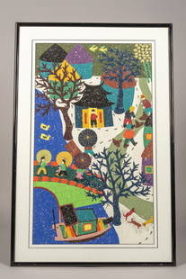 Chen Weixeng, Snow Sweeping, Watercolor & Gouache: Chen Weixeng (Beijing 1953 - )Snow Sweeping, 1990 Watercolor &amp; Gouache, measuring H 28 W 16.25 inches Not Signed Framed in a thin, black frame with a white mat and black border, measuring H 34 W 2