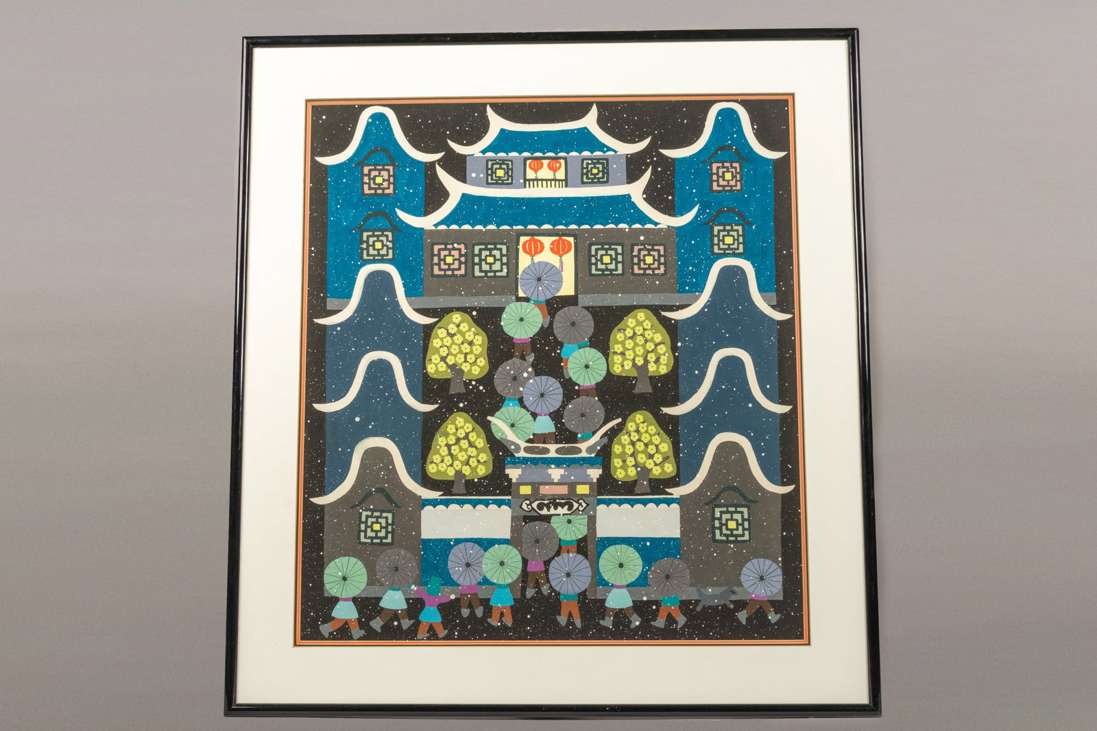 Zhu Su Zhen, School Dismissal On A Snowy Day, Watercolor & Gouache: Zhu Su Zhen, (China) School Dismissal On A Snowy Day, 1980s Watercolor & Gouache, measuring H 26 W 23.25 inches Not Signed Framed in a thin, black frame with a white mat and a red and black border