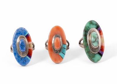 Three Paiute Large Native American, Sterling Silver, Vibrant Colored Rings