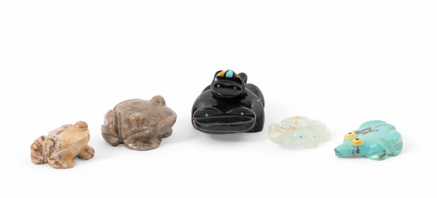 Collection of Six Carved Frog Zuni Fetishes - Pete Natachu, Rosella Lunasee