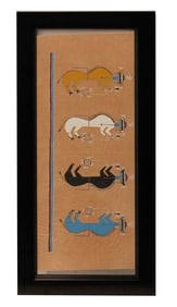 Dennis Hathale, Buffalo People, Sand Painting on Muslin Bed Sheet, Framed