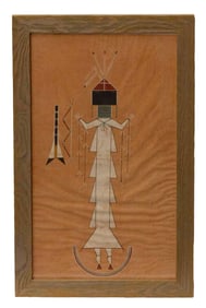 Native American Sand Painting on Muslin Bed Sheet, Framed