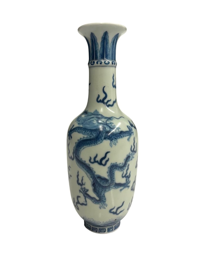 Antique Chinese Blue and White Porcelain Vase, Dragon Motif
