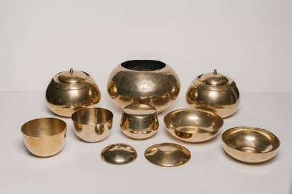 Collection of Eight Antique Korean Hand Hammered Brass Vessels