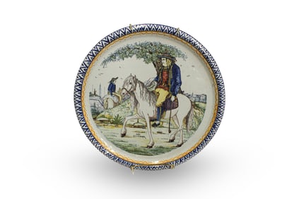 Large French Quimper Wall Plaque Featuring an Equestrian Scene