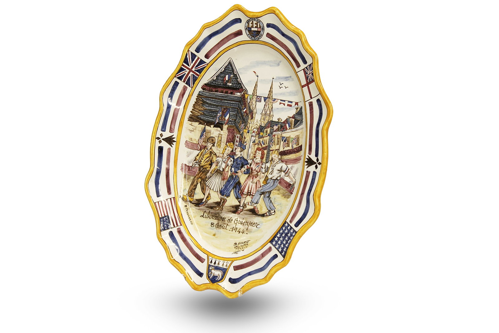 Limited Edition Liberation de Quimper 1944 Quimper Serving Platter, 42/50, 1994: A beautifully decorated Quimper serving platter depicting a liberation scene in 1944. The plate is marked with the maker's mark on verso, as well as the 42/50 edition, made in 1994. Also equipped with