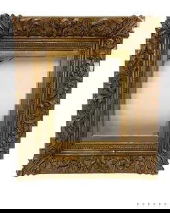 Gold Painted Ornate Baroque Picture Frame: Gold Painted Ornate Baroque Picture Frame with Floral Patterns. There is an inner section of the frame with more flat geometric designs around the perimeter. Dimensions: H 23 x W 20.25 x D 3.5 i