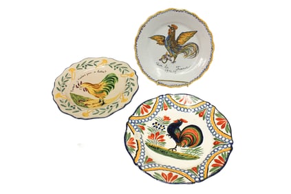 Three French Faience Rooster Plates