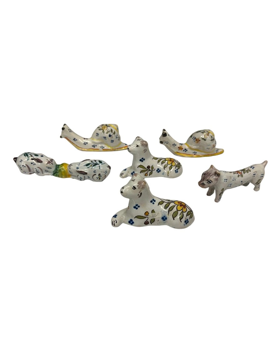 Collection of French Six Quimper Figurines: A collection of traditionally decorated Quimper figurines of various animals. All figures have a Quimper makers mark on the underside Dimensions of the largest: H 2 x W 4.5 x D 2 inches Condition: All