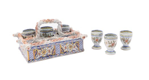 Heavily Decorated French Faience Porcelain Quimper Egg Basket
