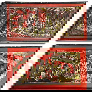 Pair of Antique Chinese Carved Wood Panels: These panels feature intricate relief carvings depicting figures and architectural elements, which are possibly scenes from traditional Chinese life or mythology. They are covered in red and black lac