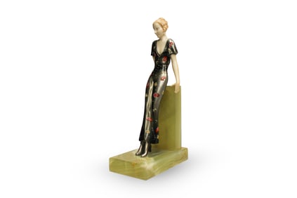 Josef Lorenzi, 1920s Lady in Pajamas, Antique Bronze Sculpture